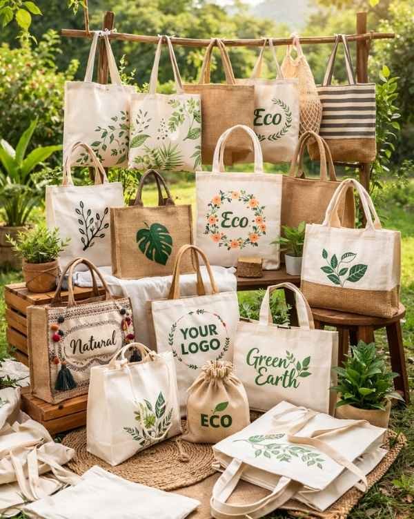 Eco friendly cotton, canvas, juco and jute tote bags displayed outdoors in natural sunlight.