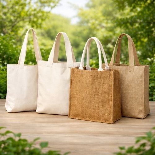 Reusable cotton canvas jute juco tote bags manufacturer display.